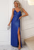 Load image into Gallery viewer, Sparkly Royal Blue Spaghetti Straps Prom Dress with Slit