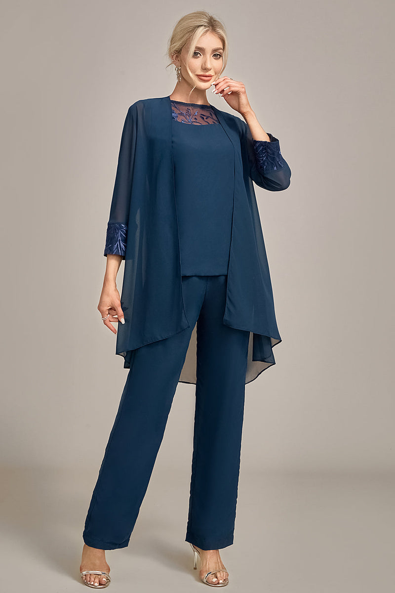 Load image into Gallery viewer, Navy Long Sleeves 3 Pieces Mother of the Bride Pant Suits