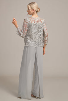 Silver Chiffon Pant and Lace Top Mother of The Bride Wide Pant Suits