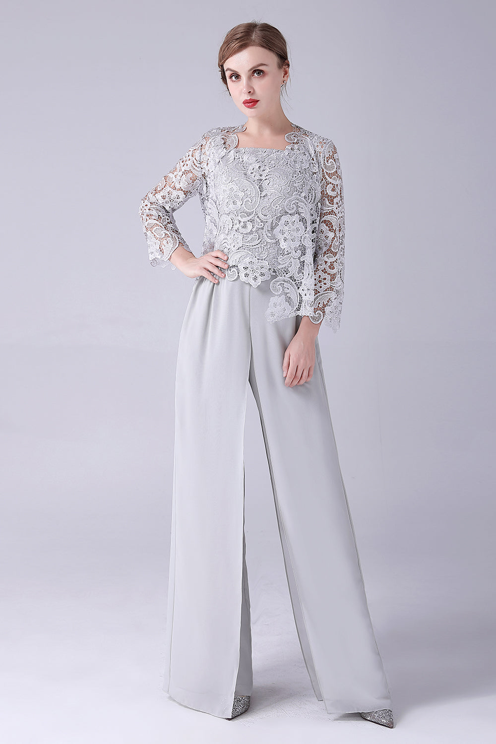 Silver Chiffon Pant and Lace Top Mother of The Bride Pant Suits