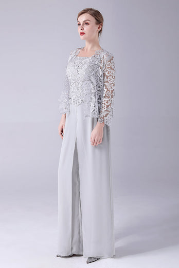 Silver Chiffon Pant and Lace Top Mother of The Bride Pant Suits