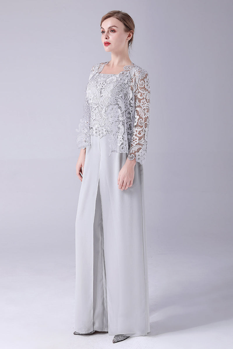 Load image into Gallery viewer, Silver Chiffon Pant and Lace Top Mother of The Bride Pant Suits