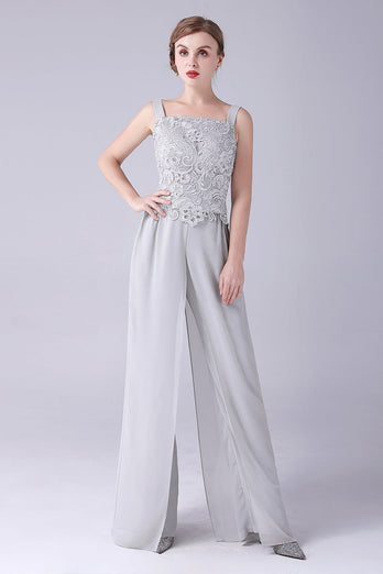 Silver Chiffon Pant and Lace Top Mother of The Bride Pant Suits