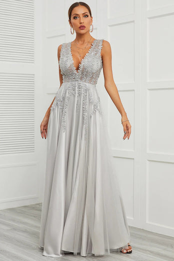 Grey Open Back Long Prom Dress with Appliques