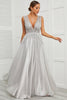 Load image into Gallery viewer, Deep V Neck Grey Long Prom Dress with Appliques