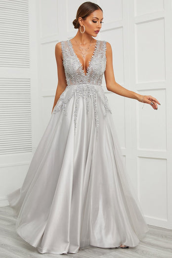 Deep V Neck Grey Long Prom Dress with Appliques