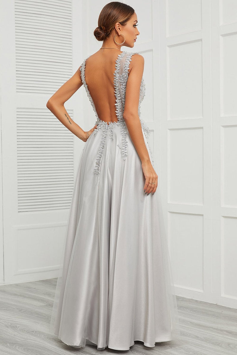 Load image into Gallery viewer, Deep V Neck Grey Long Prom Dress with Appliques