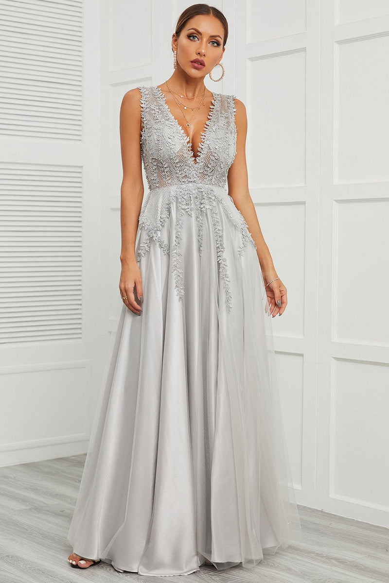 Load image into Gallery viewer, Deep V Neck Grey Long Prom Dress with Appliques