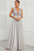 Load image into Gallery viewer, Deep V Neck Grey Long Prom Dress with Appliques