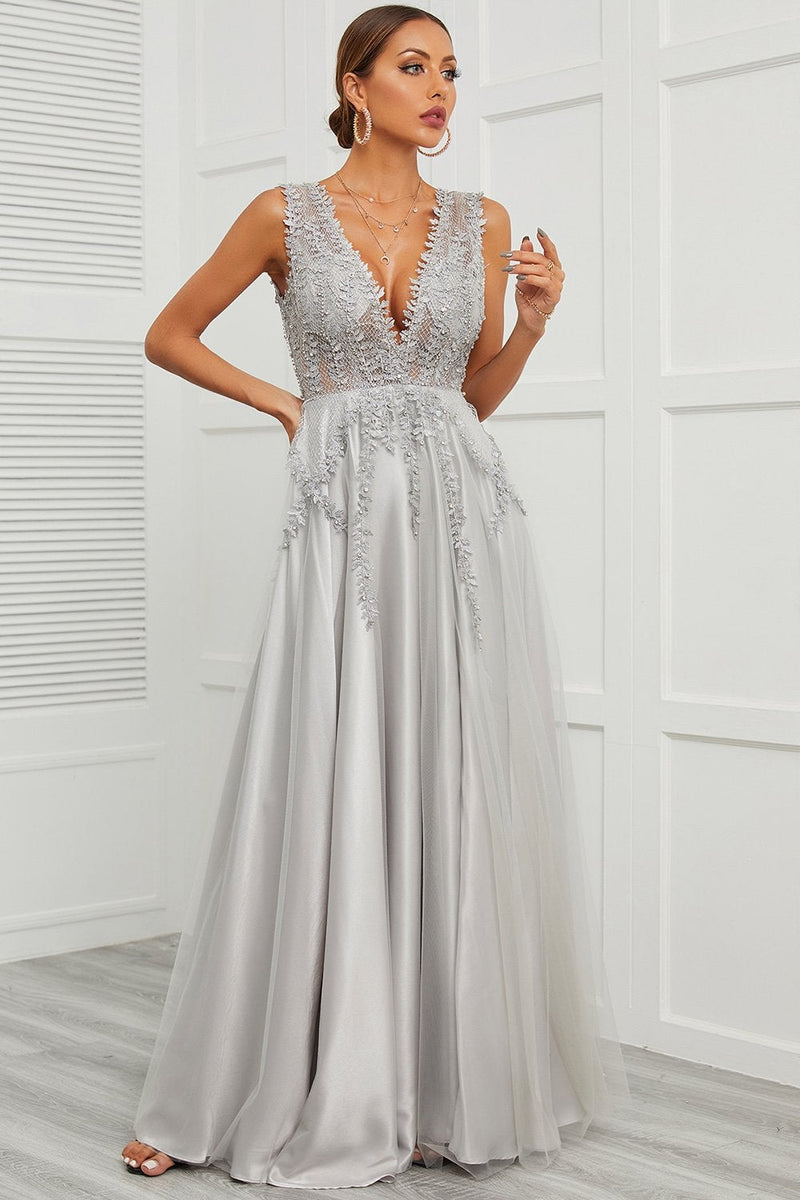 Load image into Gallery viewer, Deep V Neck Grey Long Prom Dress with Appliques