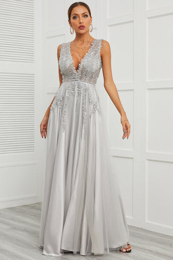 Deep V Neck Grey Long Prom Dress with Appliques