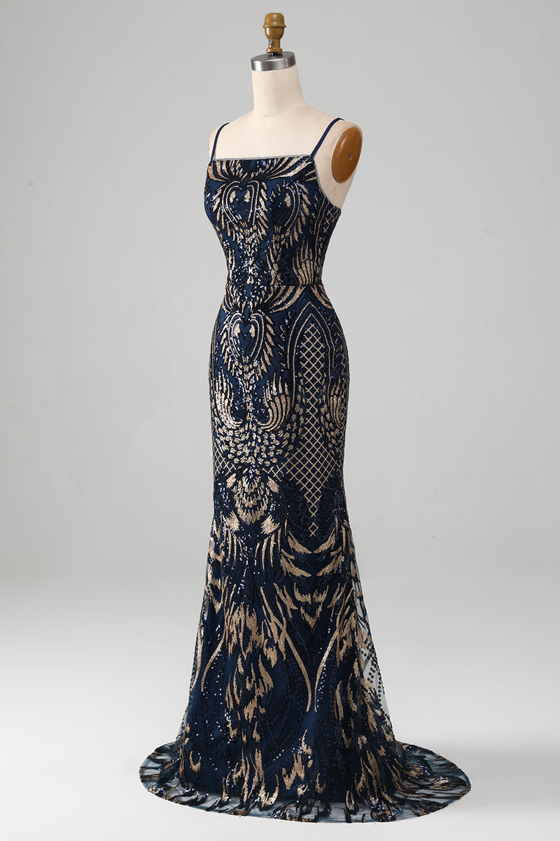 Load image into Gallery viewer, Sparkly Navy Spaghetti Straps Mermaid Prom Dress