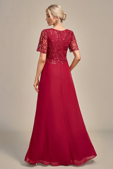 Burgundy A Line Round Neck Sequin Mother of Bride Dress With Appliques