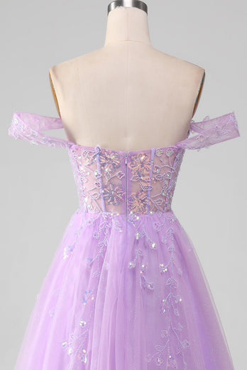 Lavender A Line Tulle Off the Shoulder Prom Dress with Slit