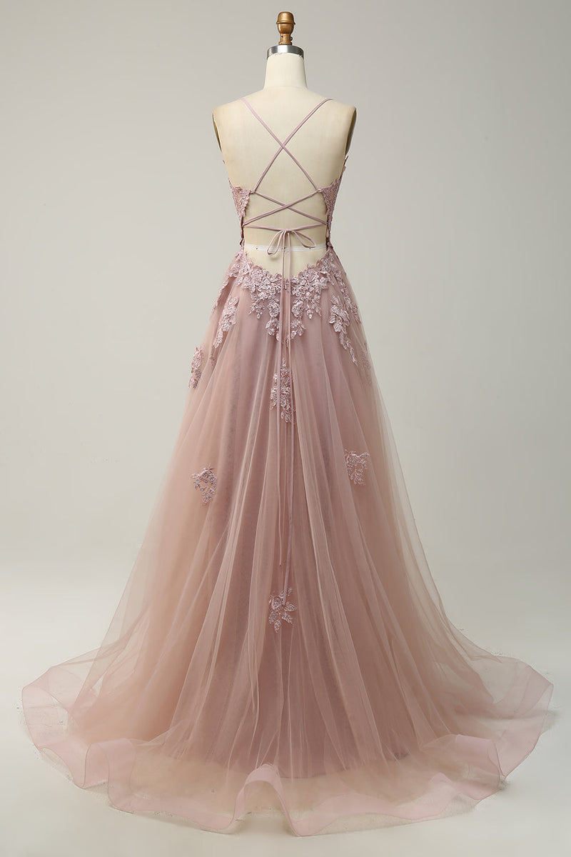 Load image into Gallery viewer, Spaghetti Straps A Line Light Purple Long Prom Dress with Criss Cross Back