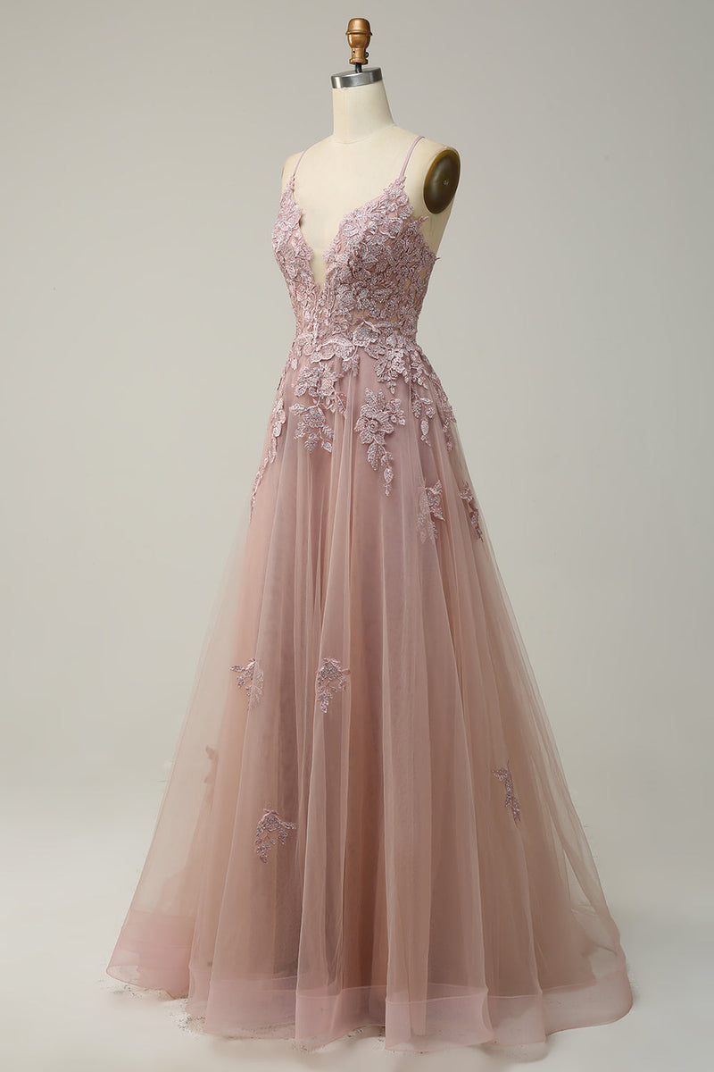 Load image into Gallery viewer, A Line Spaghetti Straps Blush Long Prom Dress with Appliques