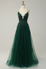 Load image into Gallery viewer, A Line Spaghetti Straps Dark Green Long Prom Dress with Criss Cross Back