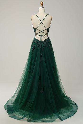 A Line Spaghetti Straps Green Long Prom Dress with Criss Cross Back