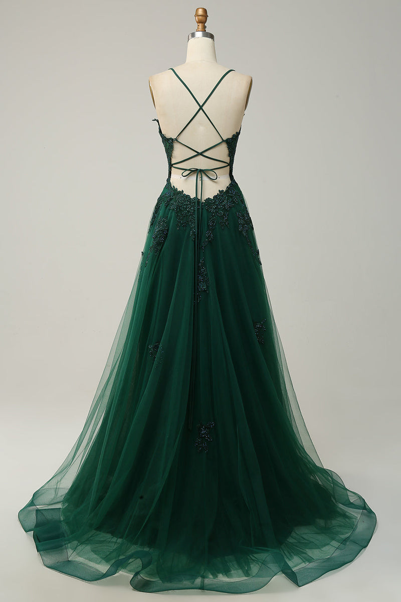 Load image into Gallery viewer, A Line Spaghetti Straps Dark Green Long Prom Dress with Criss Cross Back