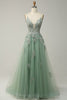 Load image into Gallery viewer, A Line Spaghetti Straps Green Long Prom Dress with Criss Cross Back