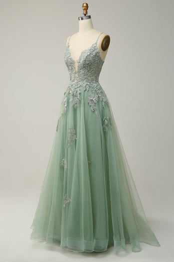 A Line Spaghetti Straps Green Long Prom Dress with Criss Cross Back