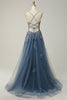 Load image into Gallery viewer, Spaghetti Straps A Line Grey Blue Long Prom Dress with Criss Cross Back