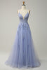 Load image into Gallery viewer, Grey Blue A Line Spaghetti Straps Long Prom Dress with Appliques