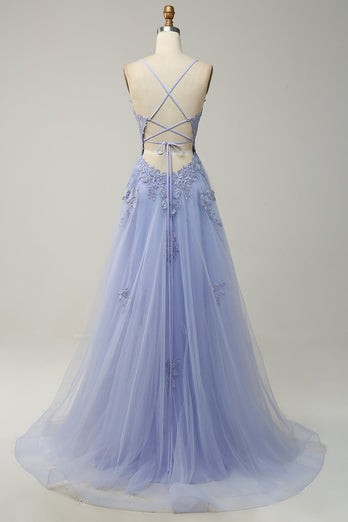 Grey Blue A Line Spaghetti Straps Long Prom Dress with Appliques