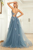 Load image into Gallery viewer, Grey Blue A Line Spaghetti Straps Long Prom Dress with Appliques