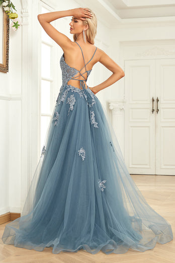 Grey Blue A Line Spaghetti Straps Long Prom Dress with Appliques