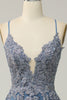 Load image into Gallery viewer, Spaghetti Straps A Line Grey Blue Long Prom Dress with Criss Cross Back