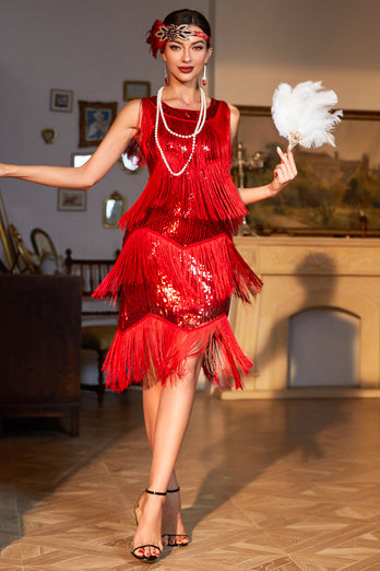 Red Fringed Sequins Sparkly Party Dress