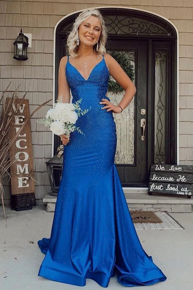 Load image into Gallery viewer, Mermaid Royal Blue Backless Long Prom Dress