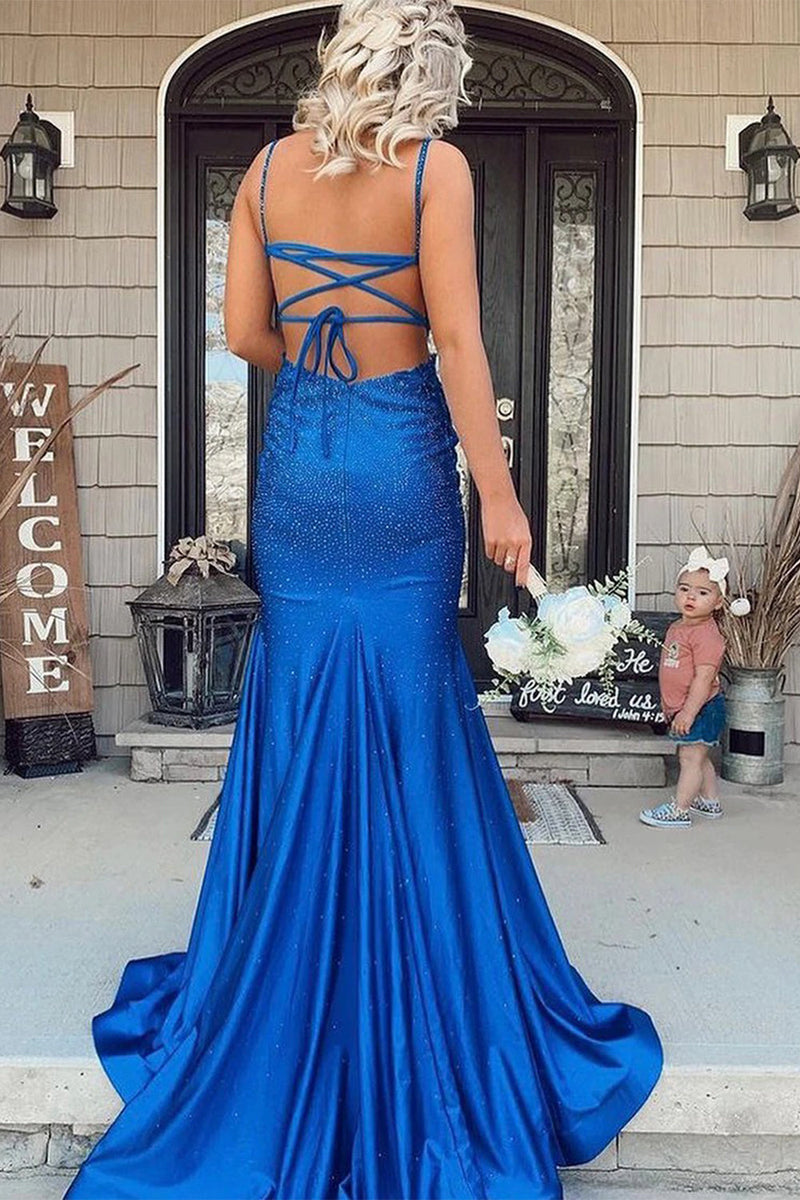 Load image into Gallery viewer, Mermaid Royal Blue Backless Long Prom Dress