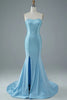 Load image into Gallery viewer, Blue Strapless Mermaid Prom Dress with Slit