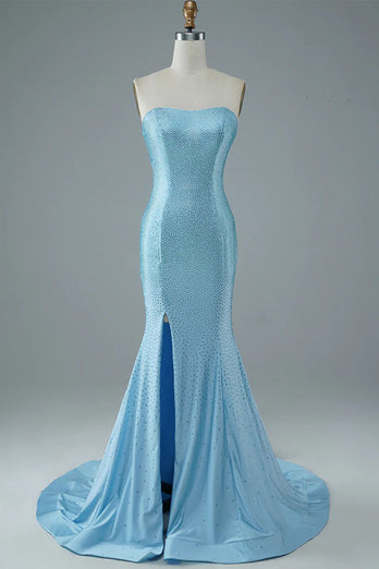 Blue Strapless Mermaid Prom Dress with Slit