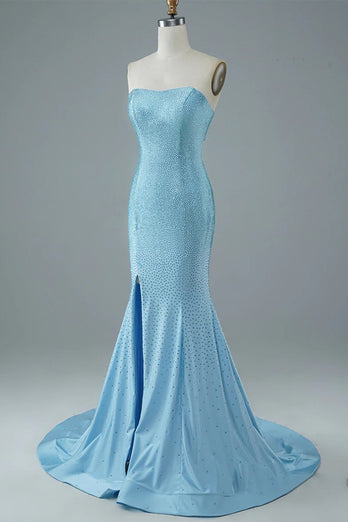 Blue Strapless Mermaid Prom Dress with Slit