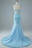 Load image into Gallery viewer, Blue Strapless Mermaid Prom Dress with Slit