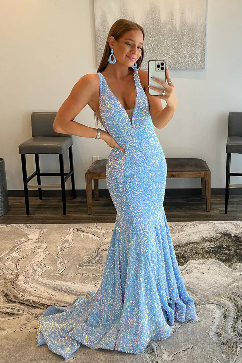 Load image into Gallery viewer, Blue Sequins Mermaid Sparkly Prom Dress