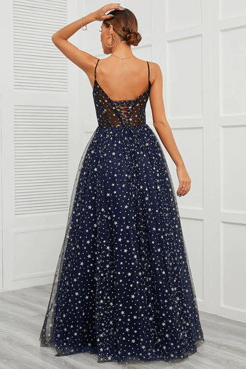 Spaghetti Straps Navy Long Prom Dress with Star