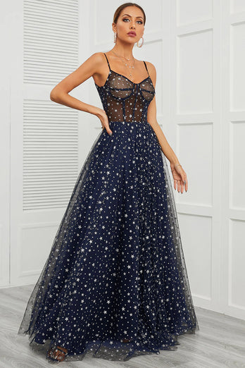 Spaghetti Straps Navy Long Prom Dress with Star