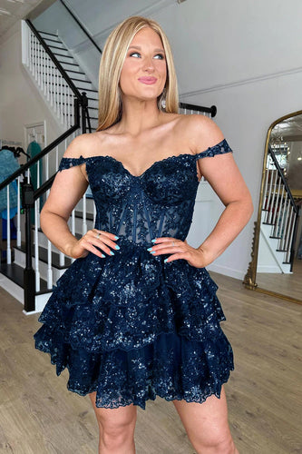 Sparkly Navy Corset Tiered Lace A-Line Short Graduation Dress