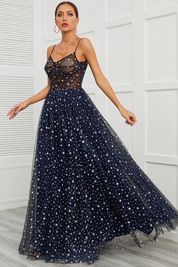 Spaghetti Straps Navy Long Prom Dress with Star