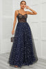 Load image into Gallery viewer, Spaghetti Straps Navy Long Prom Dress with Star