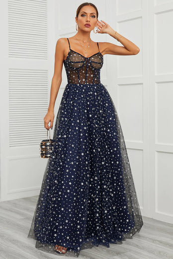 Spaghetti Straps Navy Long Prom Dress with Star