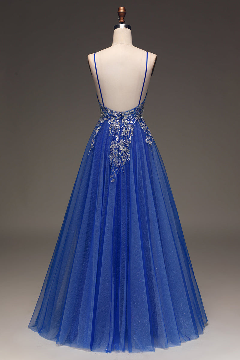 Load image into Gallery viewer, A-Line Sequins Royal Blue Prom Dress with Appliques