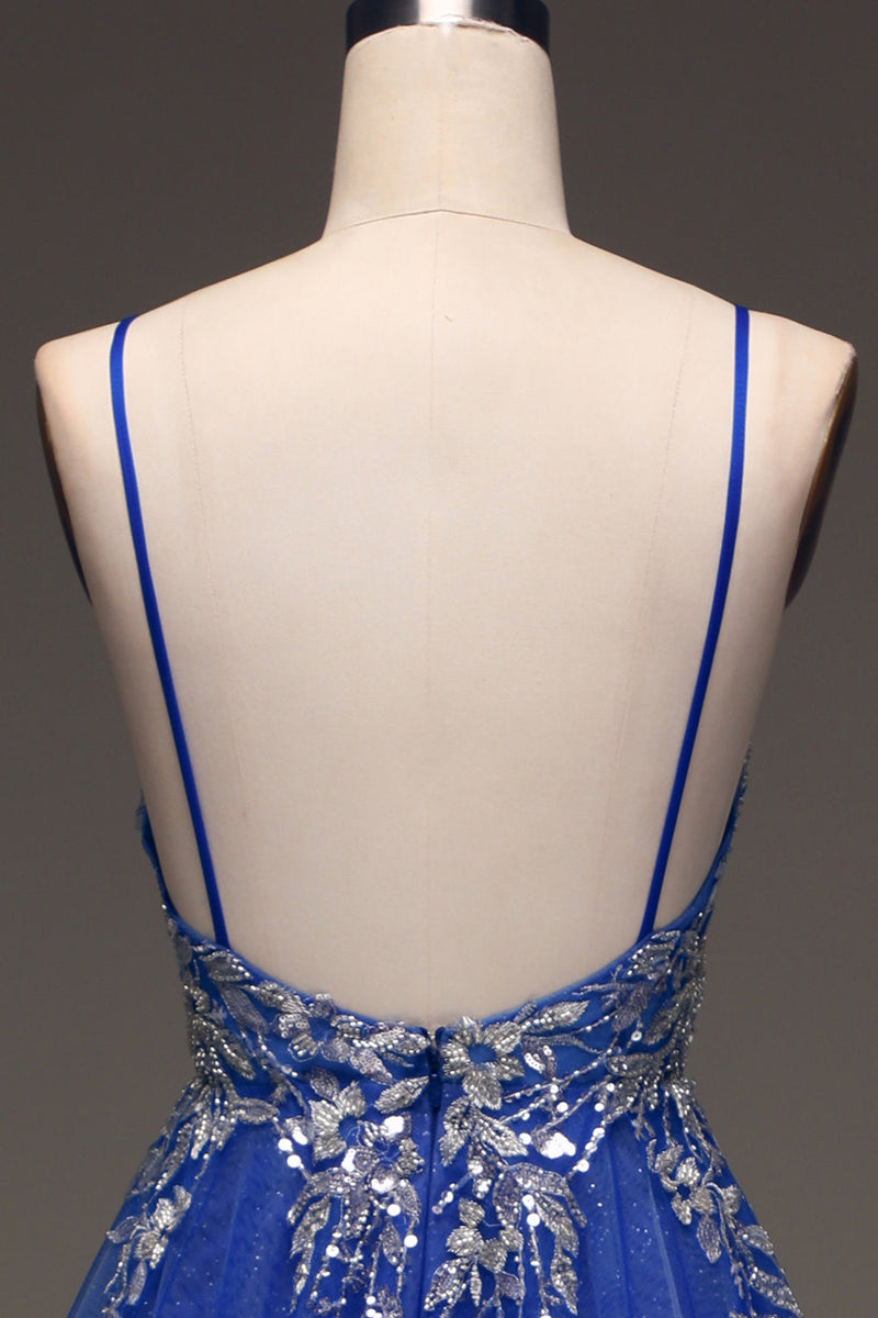 Load image into Gallery viewer, A-Line Sequins Royal Blue Prom Dress with Appliques