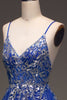 Load image into Gallery viewer, A-Line Sequins Royal Blue Prom Dress with Appliques