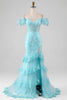 Load image into Gallery viewer, Sky Blue Off the Shoulder Lace and Sequin Mermaid Prom Dress with Slit