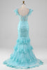 Load image into Gallery viewer, Sky Blue Off the Shoulder Lace and Sequin Mermaid Prom Dress with Slit